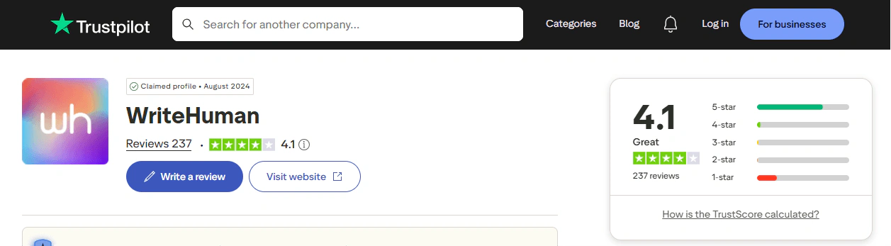 WriteHuman trustpilot