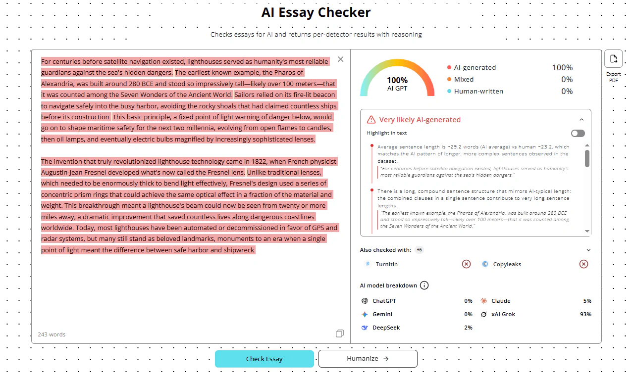 AI essay checker results