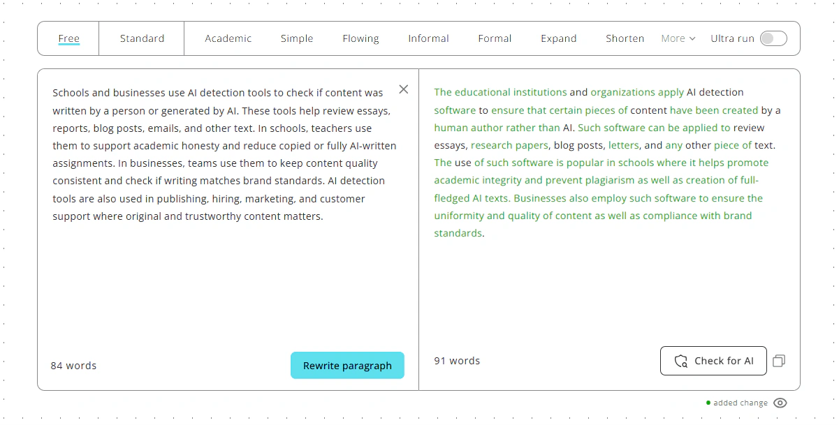 AI Paragraph Rewriter results
